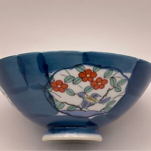 Japanese Bird Rice Bowl Blue Porcelain Floral Soup Bowl | Asian Ceramic Dish 6”